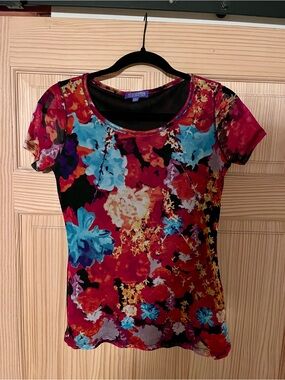 Vivienne Tam Black Floral Short Sleeve Tee with Red and Blue Accents